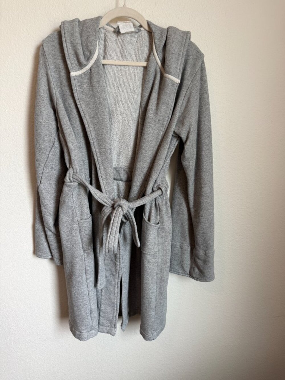 Pottery Barn Gray Hooded Terry Knit Robe Cardigan Belted Lounge Cover Up